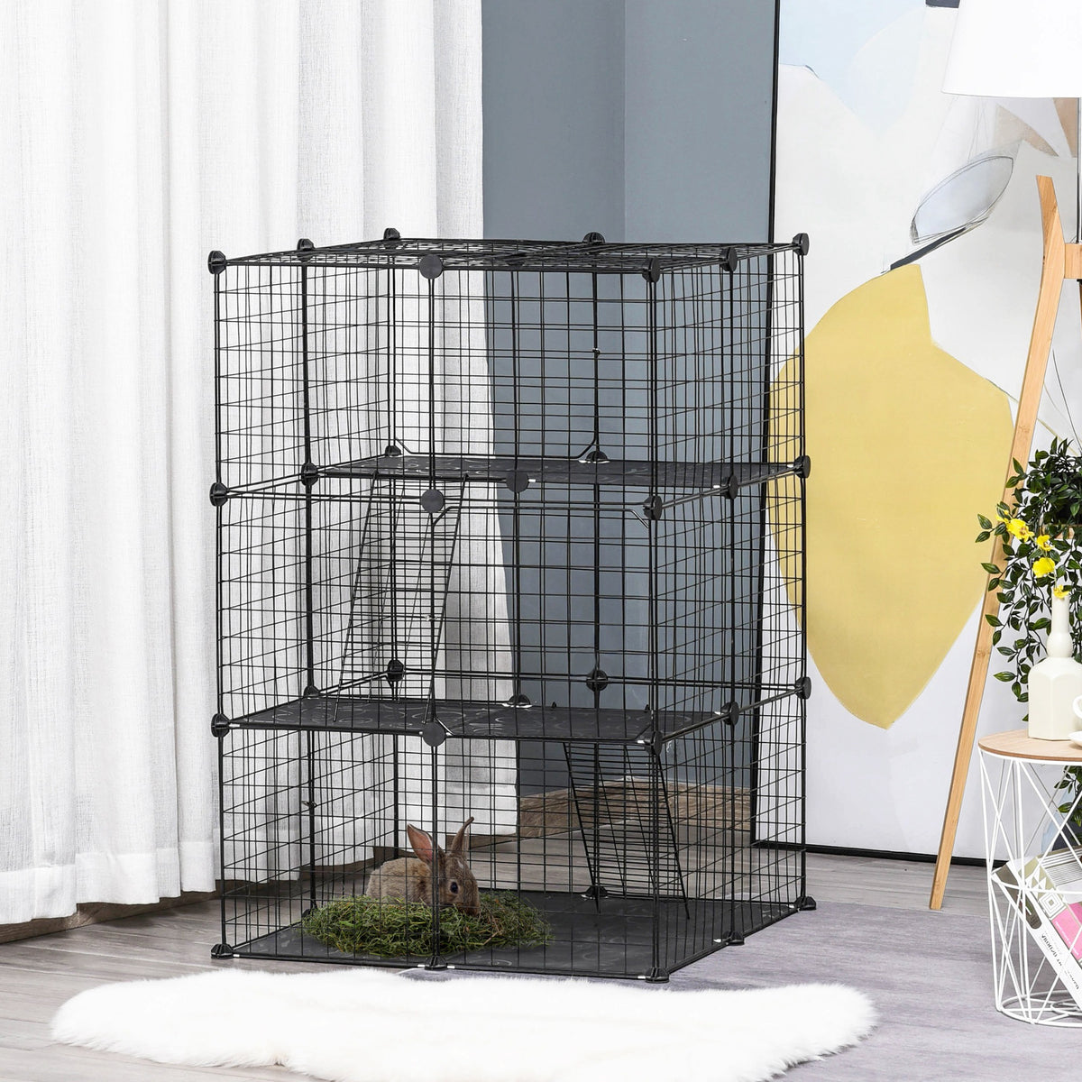 Enclos pour petits animaux, cage à lapin modulable 3 niveaux, 39 panneaux avec rampes, en métal, 70 x 70 x 105 cm, noir-9