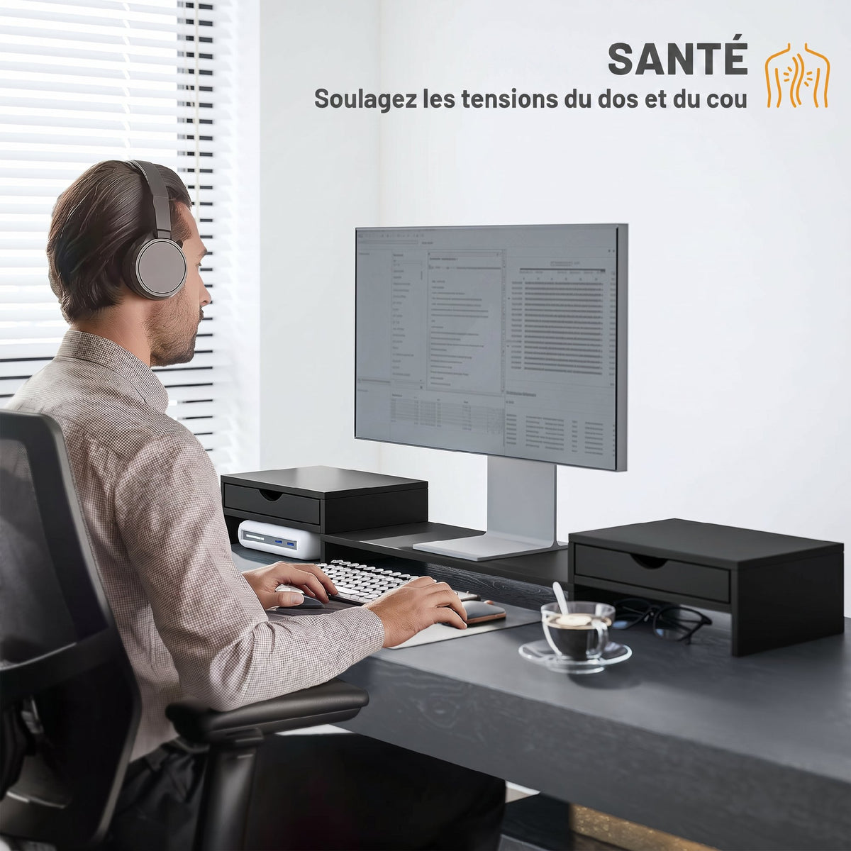 Rehausseur Écran PC Bureau, Support d'Écran d'Ordinateur de 60-116 cm avec 2 Tiroirs, Longueur et Angle Réglables Noir-5
