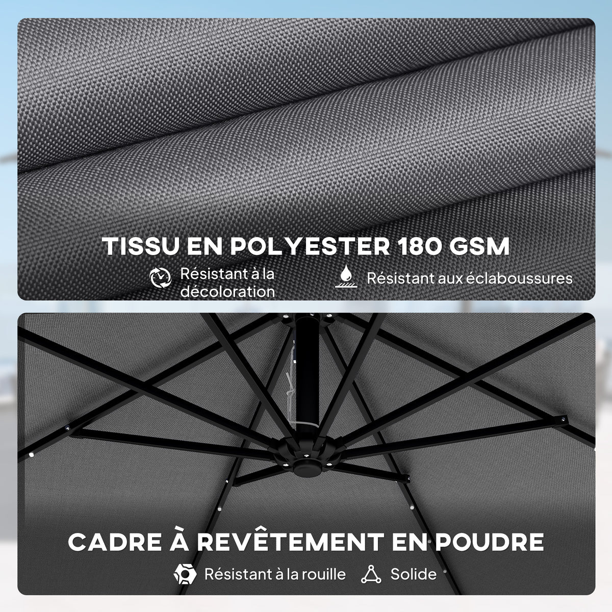 Parasol Déporté Parasol de Jardin LED Solaire 32 Lampes LED Manivelle UV 50+ et Housse de Protection Ø 295cm Gris-7