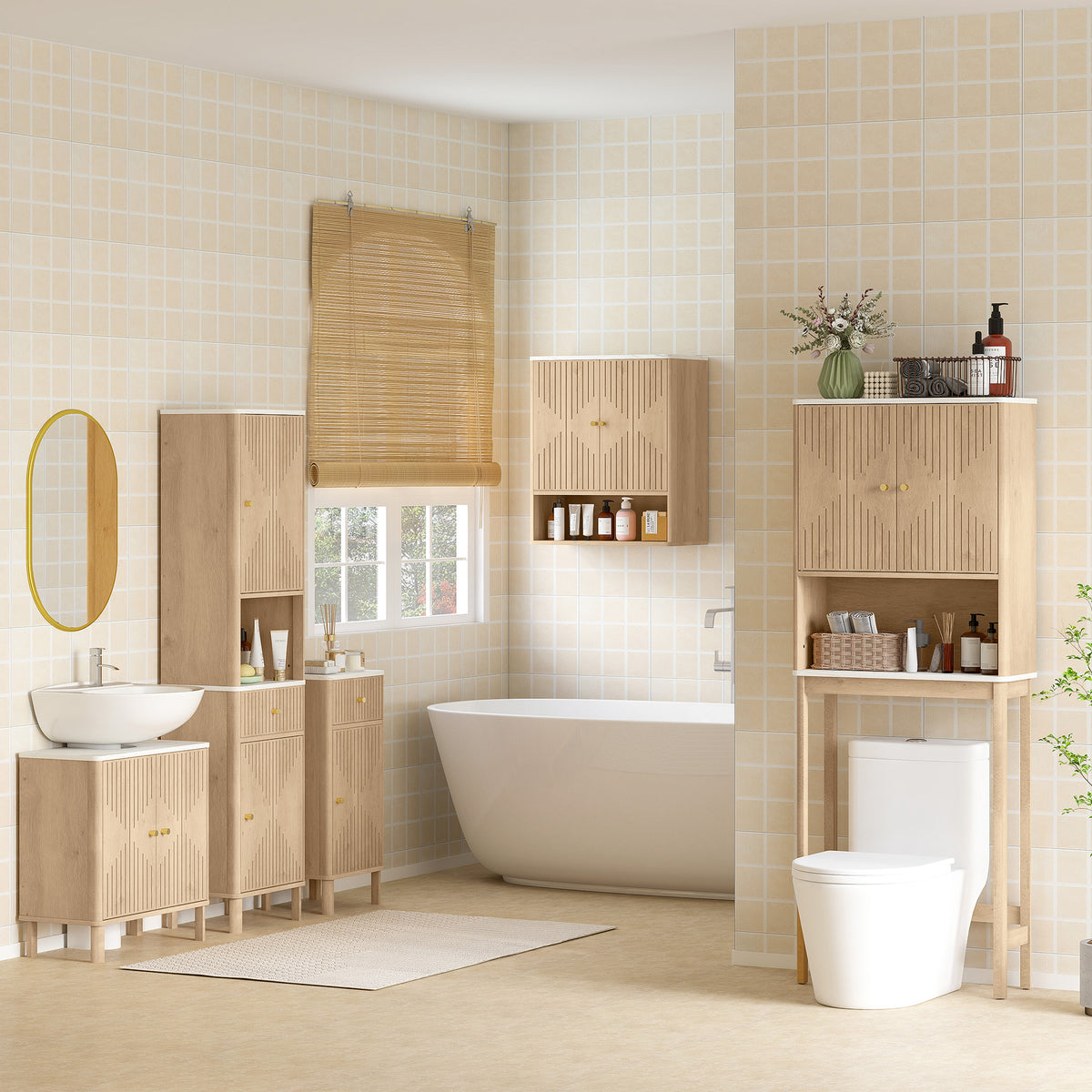 Meuble sous lavabo meuble de salle de bain sous vasque étagère réglable plan de toilette effet marbre 60x30x63cm chêne-7