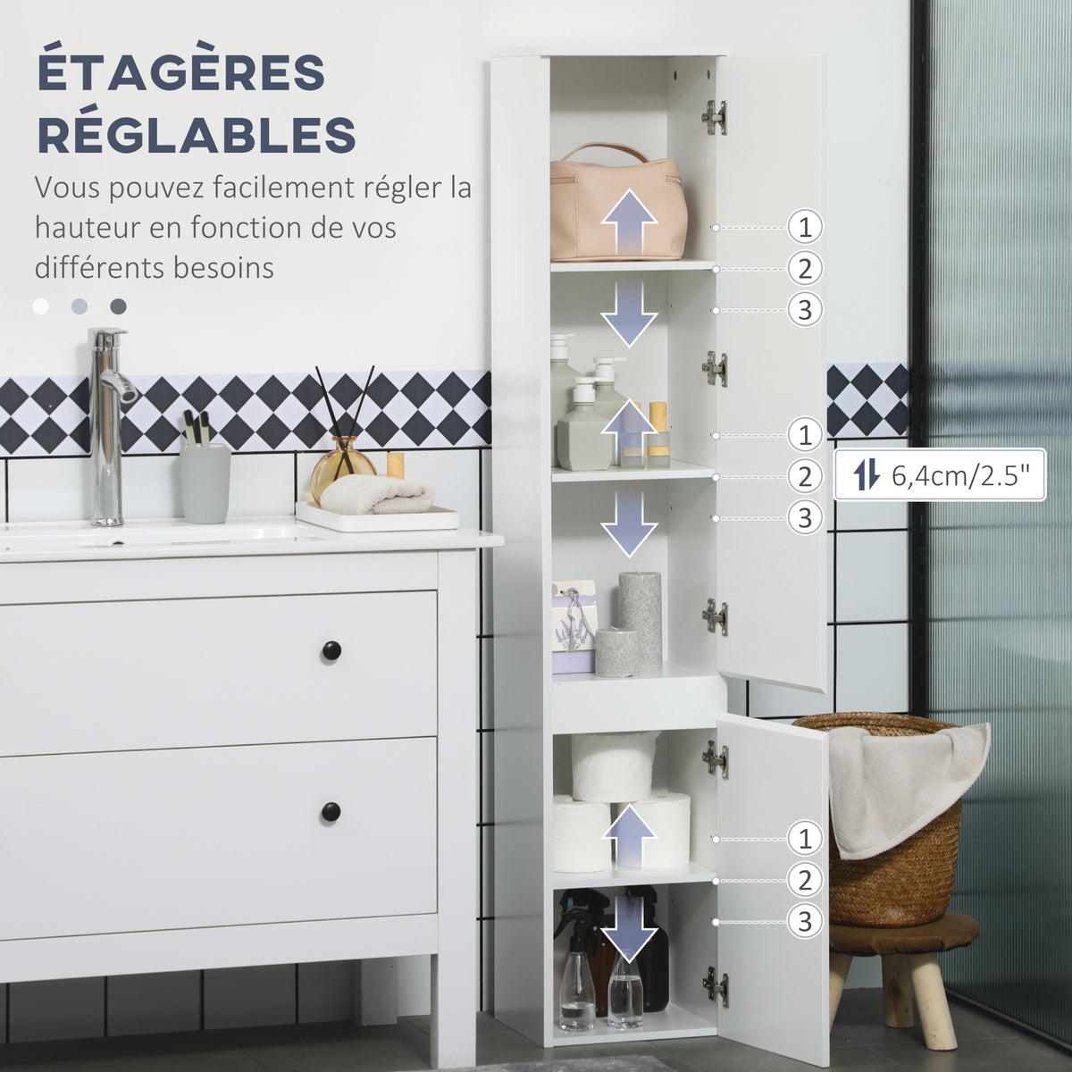 Meuble colonne rangement salle de bain 2 placards 3 étagères réglables style contemporain 30 x 28 x 152,5 cm blanc-4