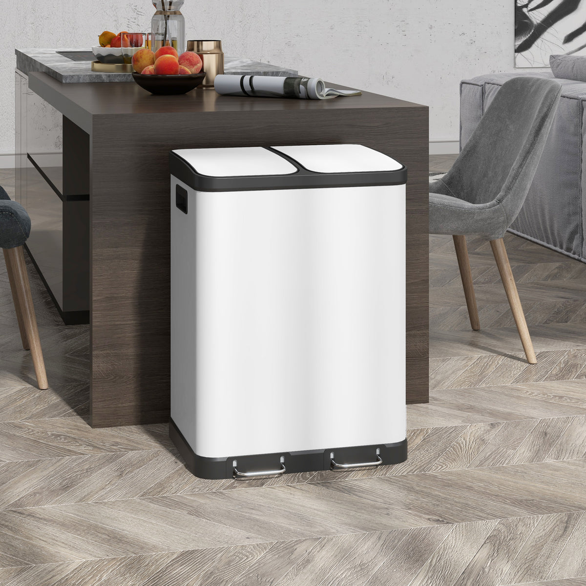 Poubelle de cuisine 2 x 30L avec pédale en métal, 2 compartiments, couvercle à fermeture douce, 60L, blanc-1