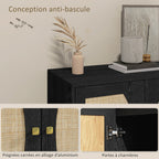 Buffet de cuisine meuble de rangement design bohème double portes avec 2 niveaux, façade en rotin 80 x 38 x 79 cm noir-6