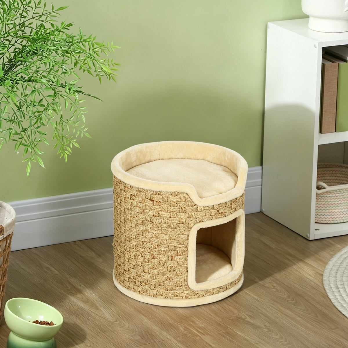 Tonneau à gratter pour chat, tonneau à chat, recouvert de peluche, capacité de 5 kg, Ø 38 x 37H cm kaki et beige-1