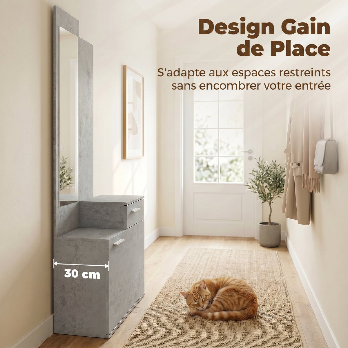 Ensemble meuble d'entrée avec meuble à chaussures abattant, vestiaire avec miroir, tiroir et plateau, gris-4