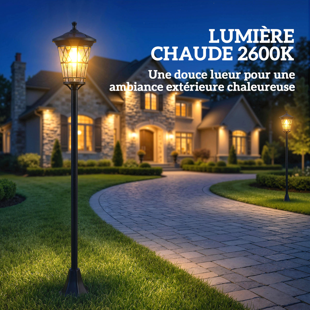 Lot de 2 Lampadaires Solaires 1,86 m pour Jardin, Lampes de Rue en Acier Inoxydable à Hauteur Réglable Noir-5