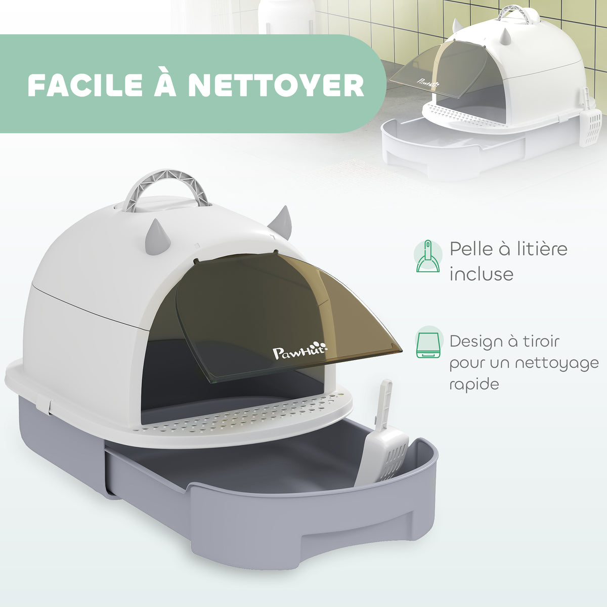 Maison de toilette pour chat bac à litière fermé chat poignée de transport porte translucide 40,5 x 52 x 39 cm gris-4