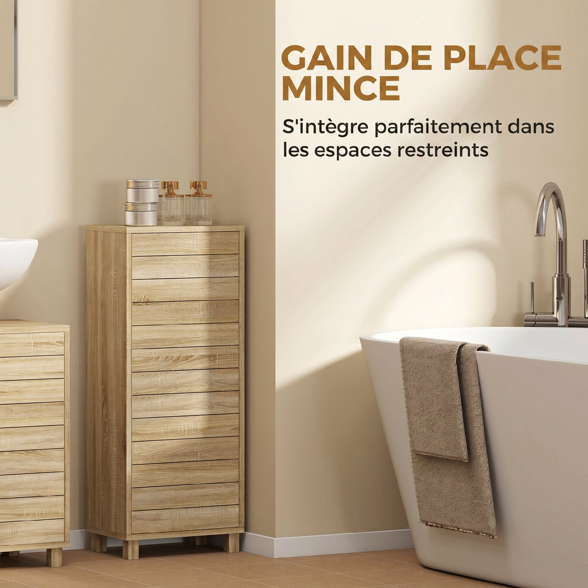 Meuble de Salle de Bain en Bois avec Étagère Réglable et Porte à Lamelles, Ouverture Pression, 34 x 23 x 84 cm, Naturel-5