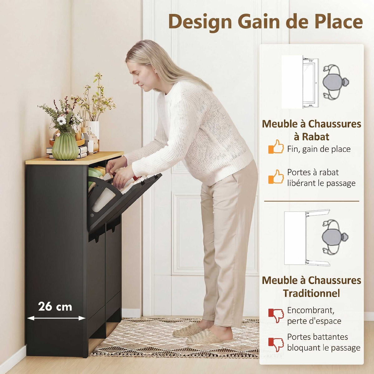 Meuble à chaussures 16 paires, armoire à chaussures avec 4 tiroirs rabattables étagères réglables, noir et bois naturel-3