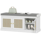 Banc chaussures entrée 9 paires, banc de rangement, 3 portes en rotin, coussin et étagère réglable, 105x35x47cm, blanc-9