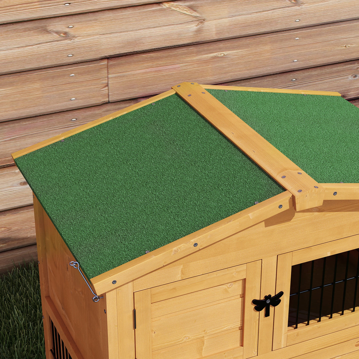 Clapier de sol cage à lapin niche supérieure avec rampe enclos extérieur porte verrouillable 150 x 52,5 x 68 cm jaune-7