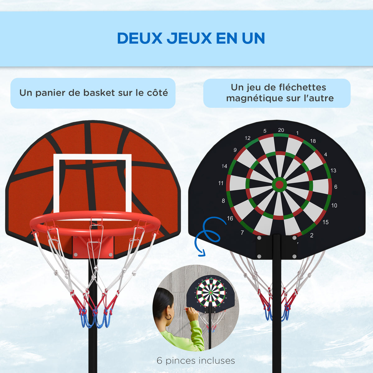 Support panier de basket-ball 2 en 1 avec hauteur réglable 129-179 cm et jeu de 6 fléchettes magnétique-3