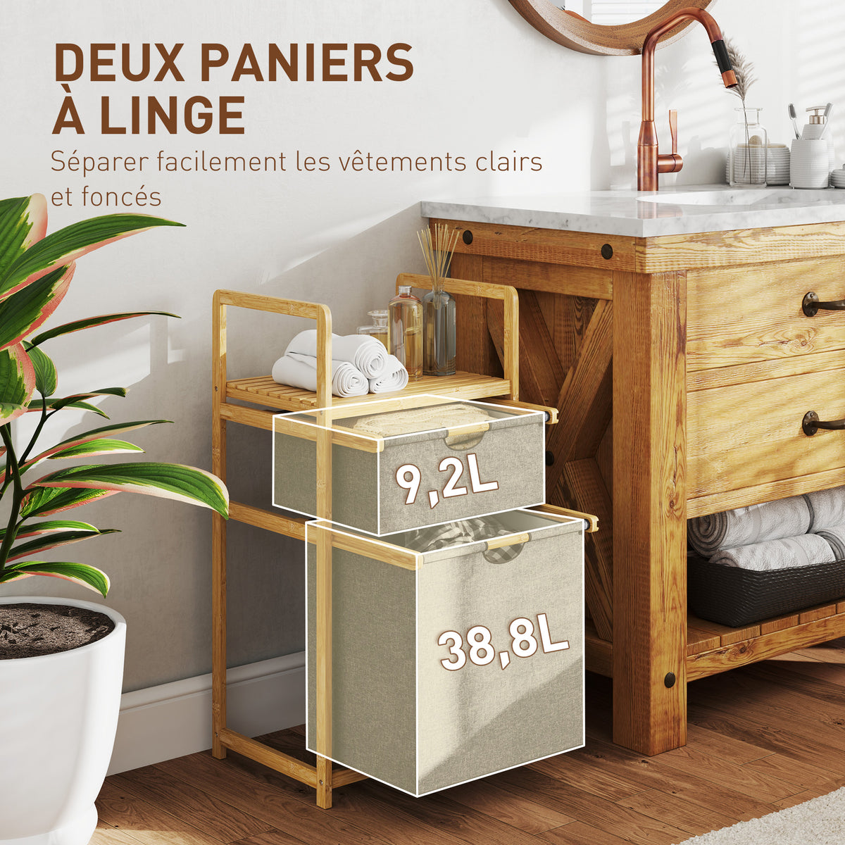 Panier à linge en bambou corbeille à linge sale avec 2 sacs en tissu coulissants et étagère à lattes, naturel-3