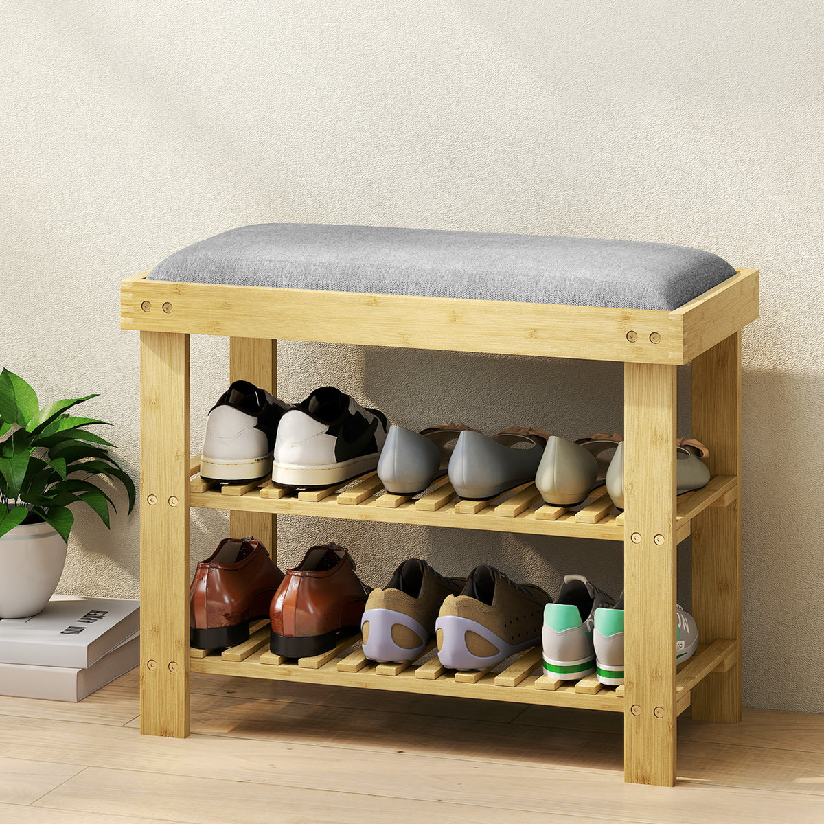 Banc à chaussures en bambou, étagère à chaussures à 3 niveaux, style scandinave, 60 x 29 x 49 cm, gris et bois naturel-6