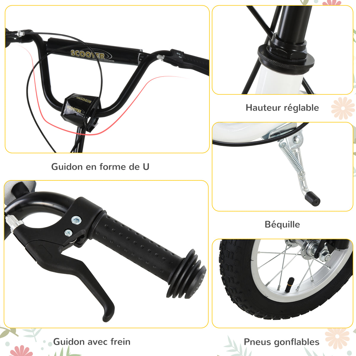 Trottinette enfants, grandes roues pneumatiques 12 pouce en caoutchouc, charge 100 kg, trottinette tout terrain avec double freins, hauteur réglable et béquille latérale, 5 à 12 ans, blanc-5