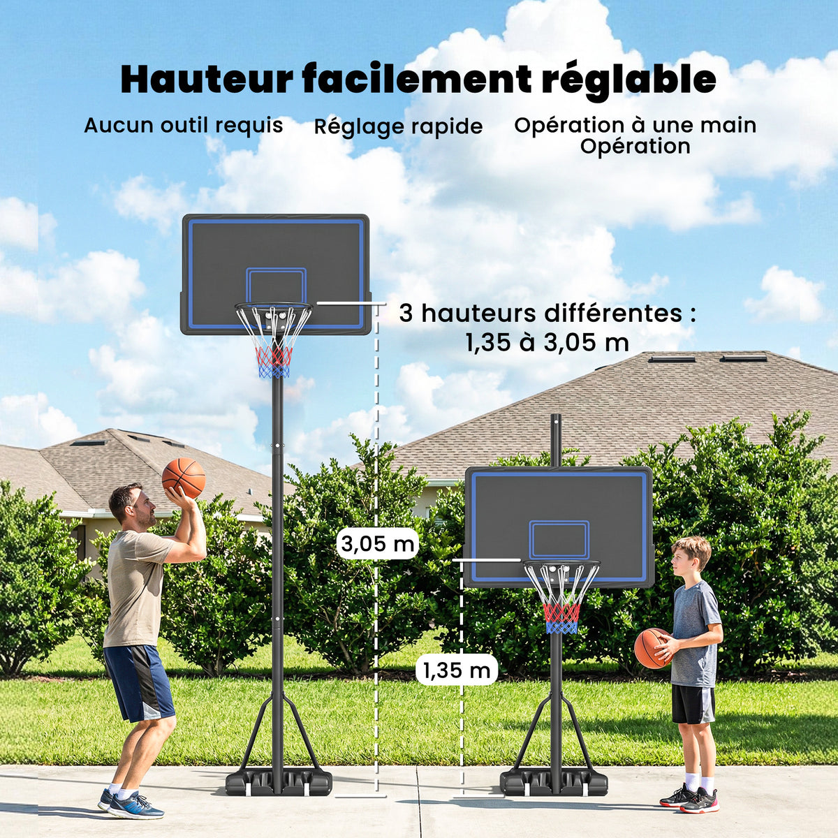 Panier de Basketball sur Pieds avec Hauteur Réglable de 1,35 à 3,05 m avec Roues, Base de Lestage et Sac de Sable, Bleu-3