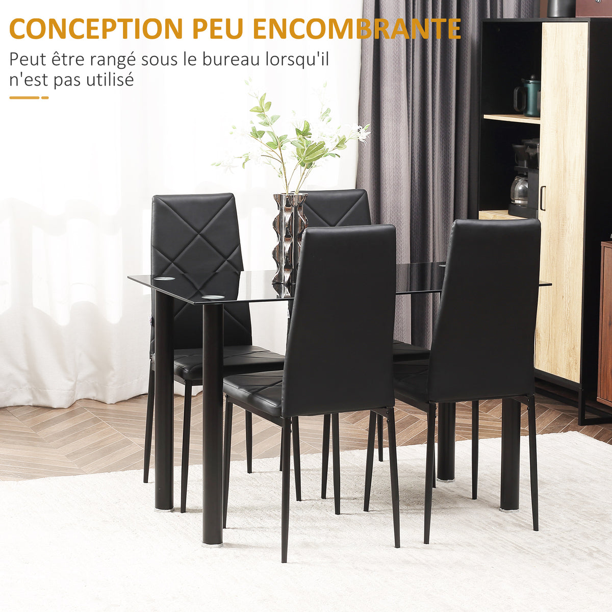 Ensemble de table à manger avec 4 chaises plateau en verre trempé, pieds en acier, pour cuisine salon noir-5