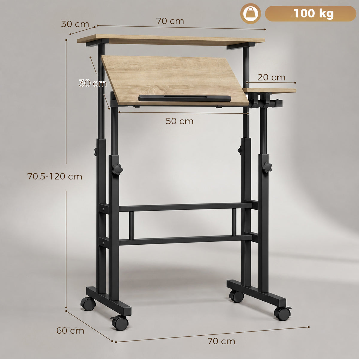 Bureau assis debout bureau réglable en hauteur 70 x 60 cm à roulettes avec plateau inclinable cadre en métal marron-2