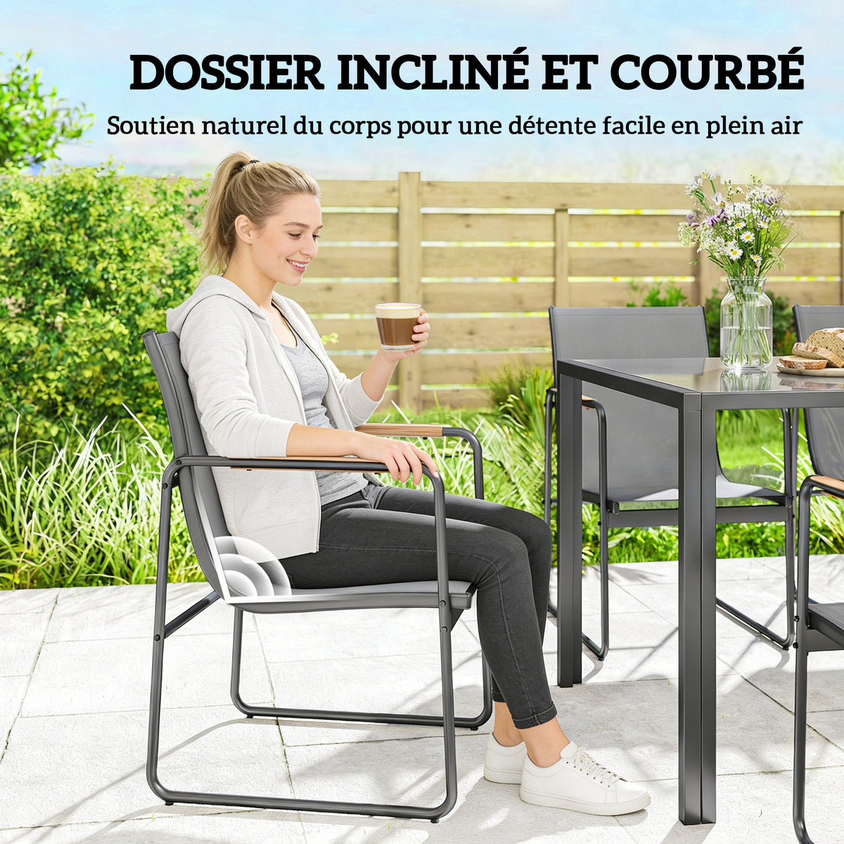 Ensemble de Salle à Manger d'Extérieur 7 Pièces pour 6 Personnes, Table en Verre et Chaises en Maille avec Accoudoirs Décoratifs, Gris-4