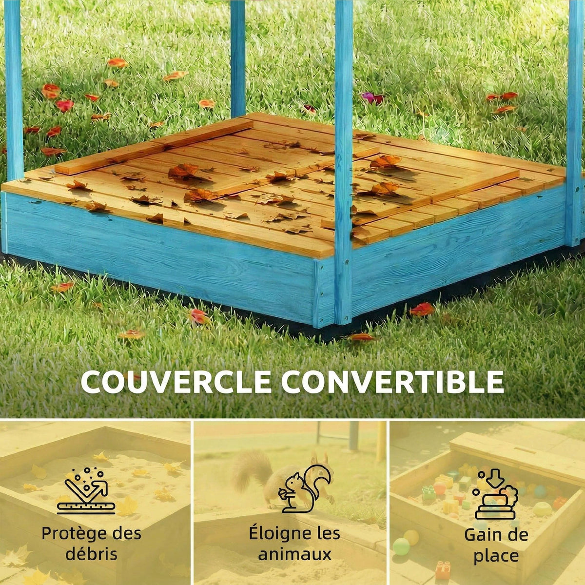 Bac à sable en bois avec couvercle, bac à sable enfant extérieur avec siège pliable toile imprimée flamants bleus-4