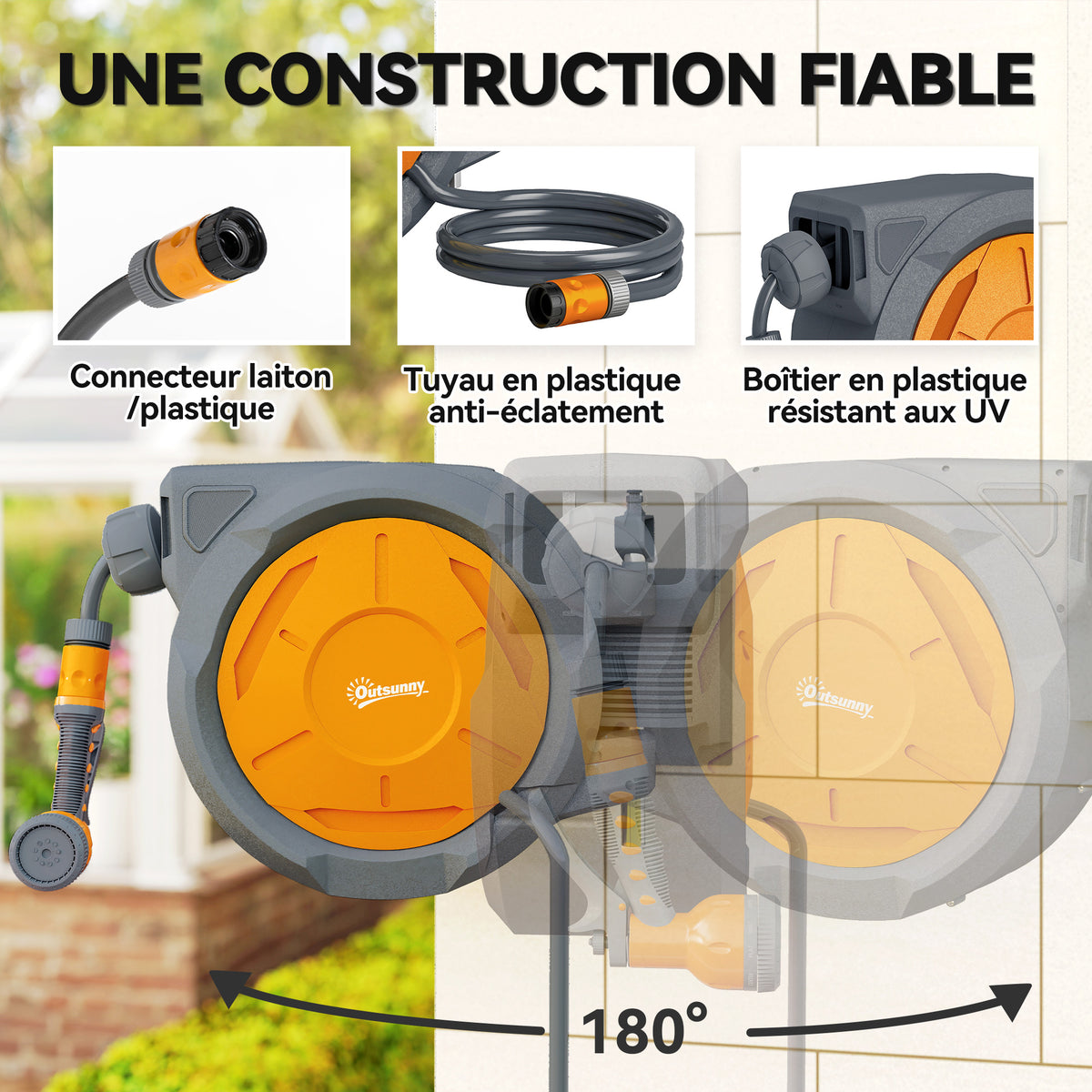 Enrouleur Tuyau Arrosage Mural 30 m x Ø 15 mm Dévidoir Automatique de Tuyaux d'Eau Rétractable Automatique orange-4