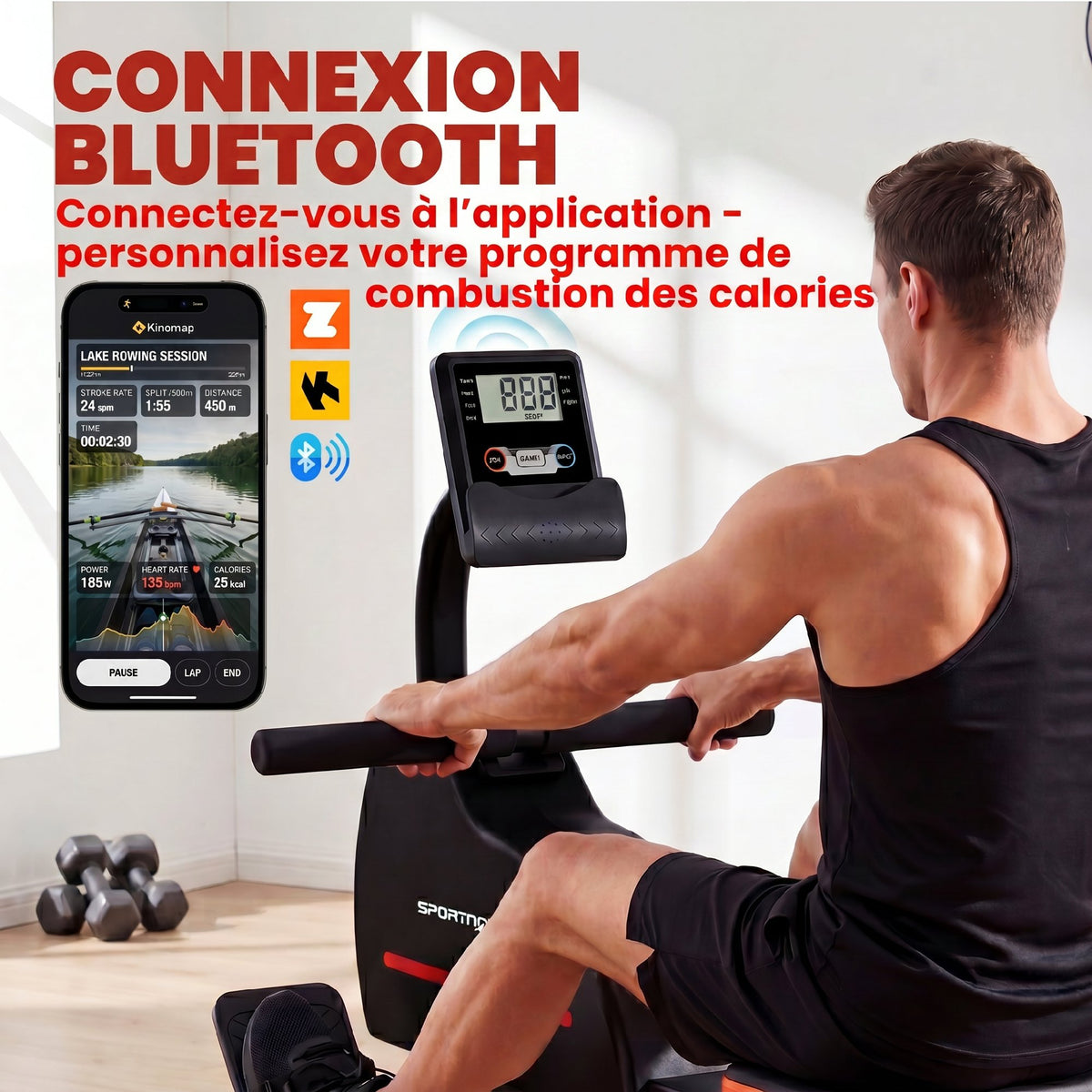 Rameur Musculation d'Appartement Bluetooth Connecté Kinomap & Zwift 16 Niveaux Résistance Silencieux 135x42x72cm Rouge-3