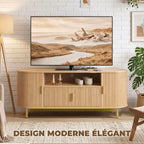 Meuble TV 140 cm avec 2 Prises et 2 Ports, Meuble Télé pour 84 Pouces, 2 Portes Battantes, 2 Portes Coulissantes, Chêne-6