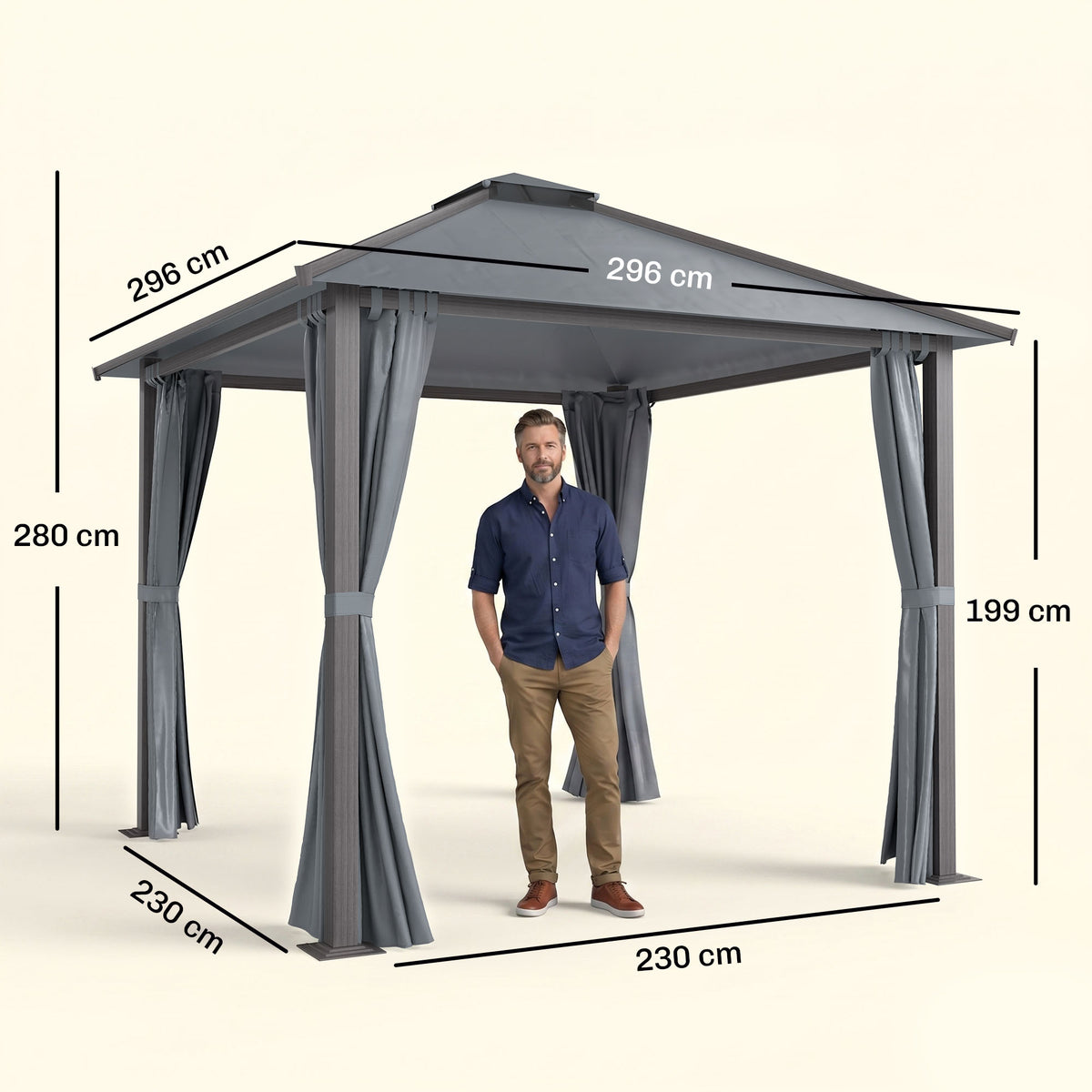 Tonnelle de jardin pour terrasse avec 4 parois latérales double toit protection solaire 3 x 3 m gris-2
