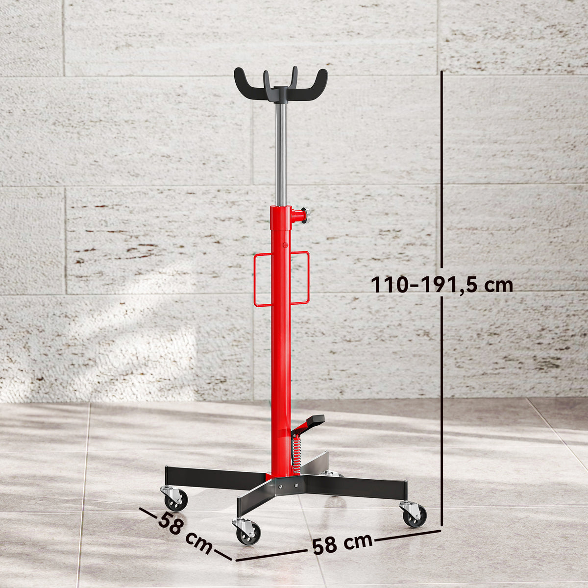 Vérin de fosse hydraulique, cric de levage 500 kg, avec roues pivotantes et pédale, acier, 58 x 58 x 110-191,5 cm rouge-2
