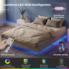 Lit Flottant 160 x 200 cm avec Éclairage LED Intelligent, Cadre de Lit Double Rembourré en Lin, Montage Facile, Beige-4