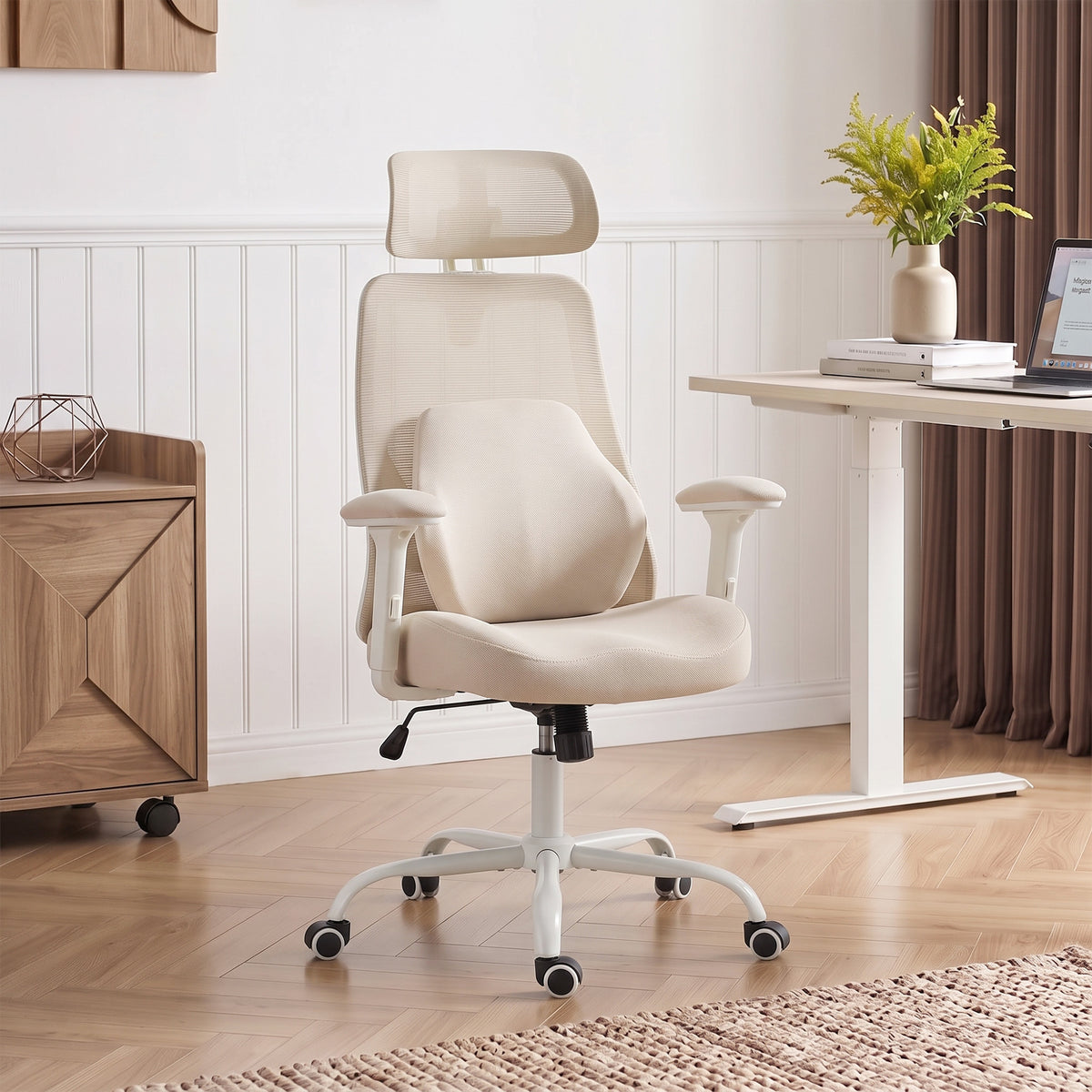 Chaise Bureau Ergonomique, Fauteuil Bureau en Maille, Soutien Lombaire à Mémoire de Forme, Accoudoirs Réglables, Beige-1