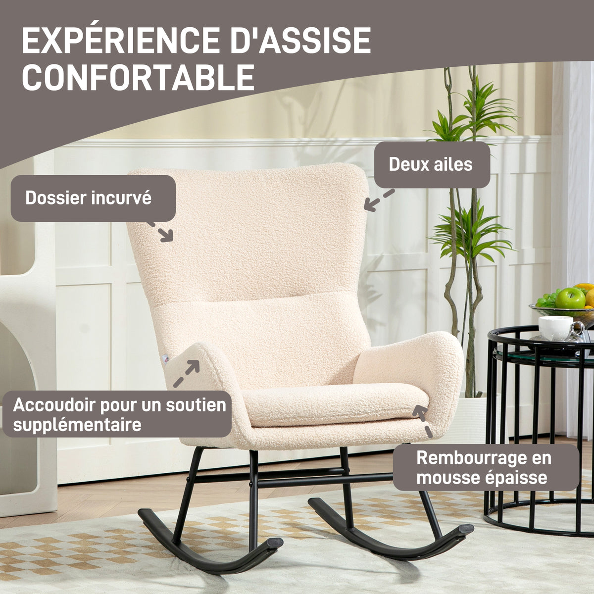 Fauteuil à bascule, chaise à bascule, avec assise de 10 cm d'épaisseur, pieds incurvés en acier, beige et noir-4