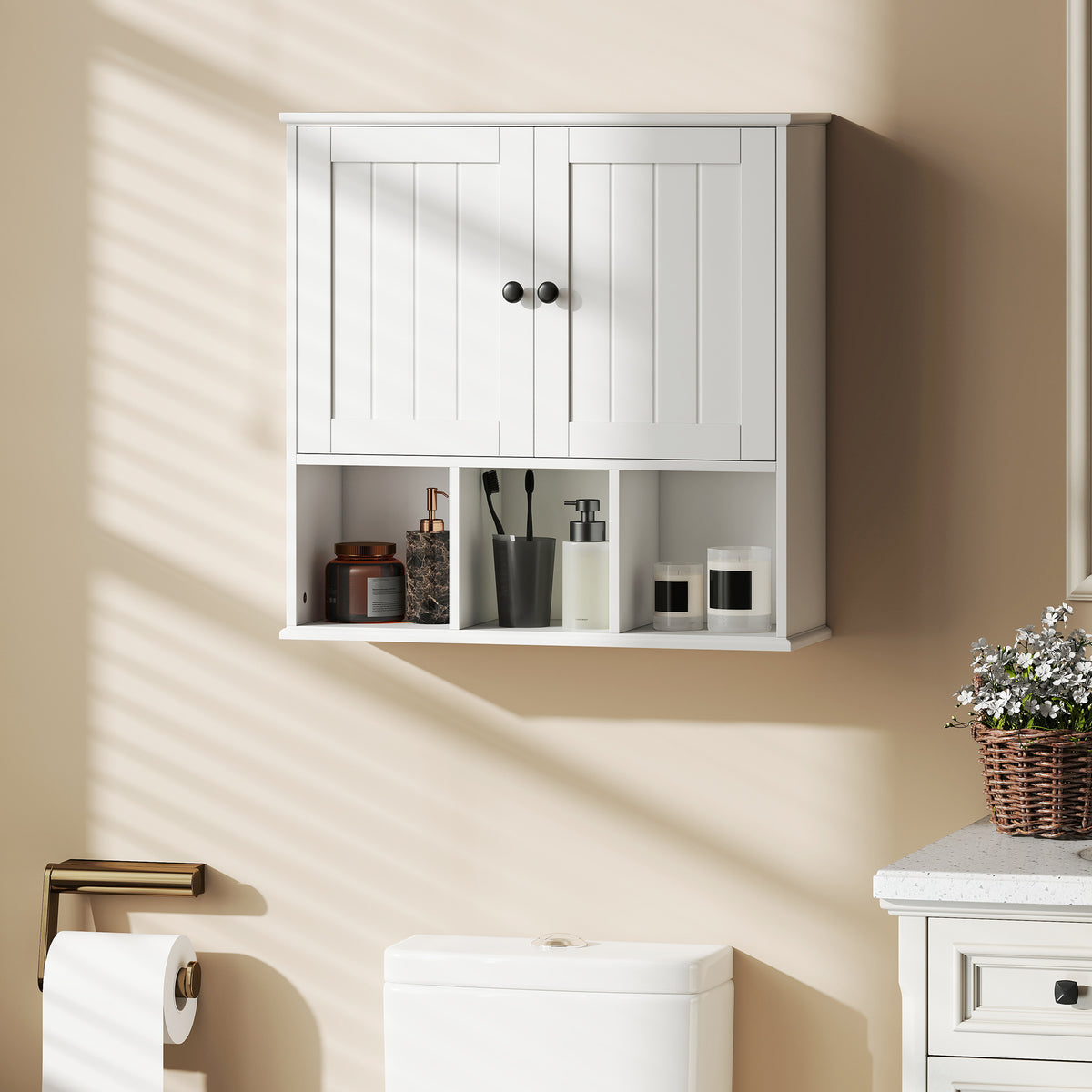 Armoire murale de salle de bain, meuble de rangement avec 2 portes, étagère réglable et compartiments ouverts, blanc-1