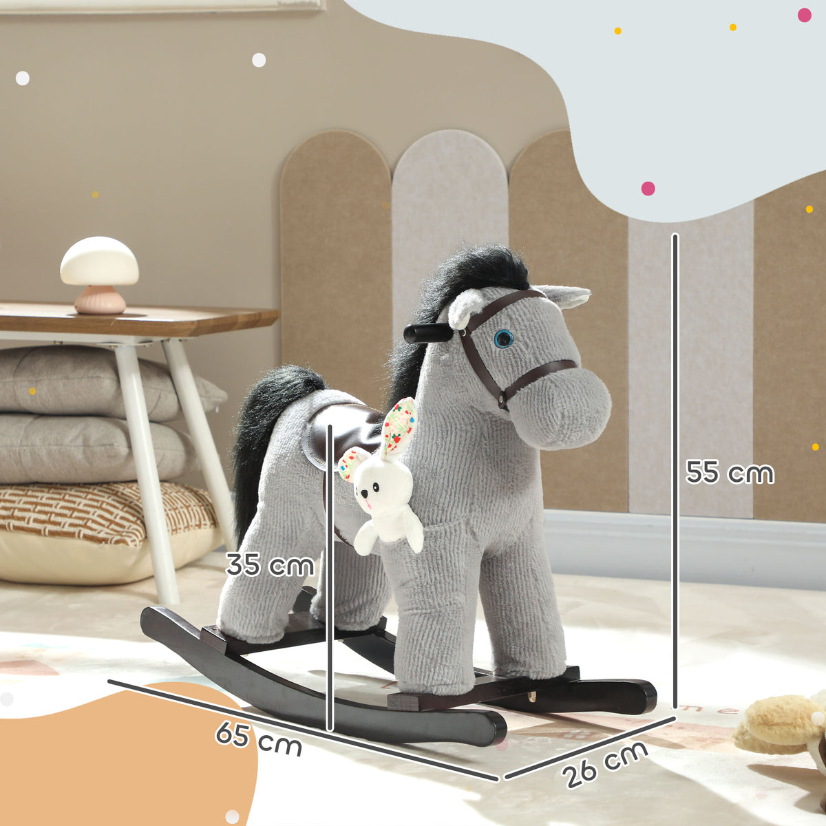 Cheval à bascule pour enfants, jouet à bascule bébé en peluche avec eouetffet sonore et poupée, 65 x 26 x 55 cm, gris-2