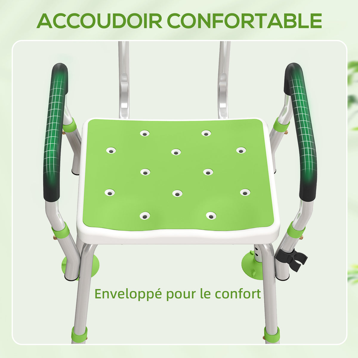 Tabouret de douche chaise de douche ergonomique hauteur réglable pieds antidérapants 56,5 x 53,5 x 87 cm blanc et vert-4