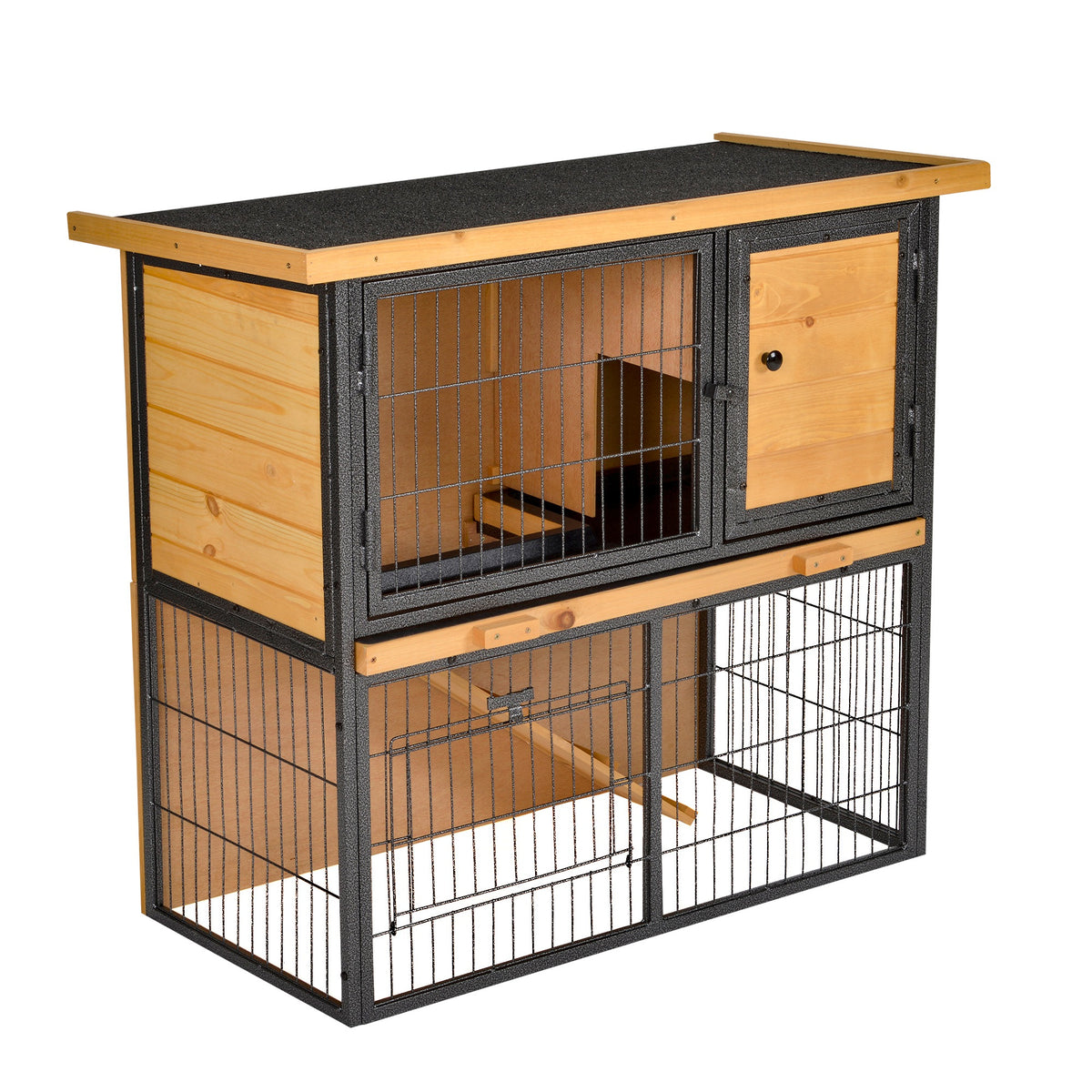 Clapier à lapin cage à lapin 2 niveaux 3 portes verrouillables rampe toit ouvrant bitûmé métal époxy pin pré-huilé-0