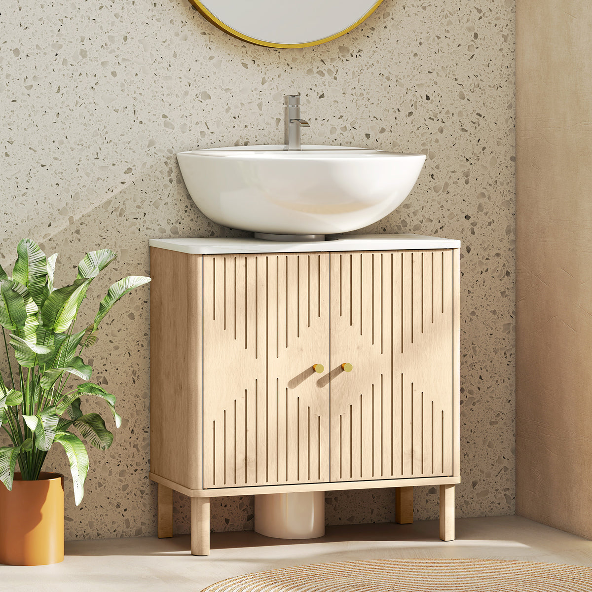 Meuble sous lavabo meuble de salle de bain sous vasque étagère réglable plan de toilette effet marbre 60x30x63cm chêne-1