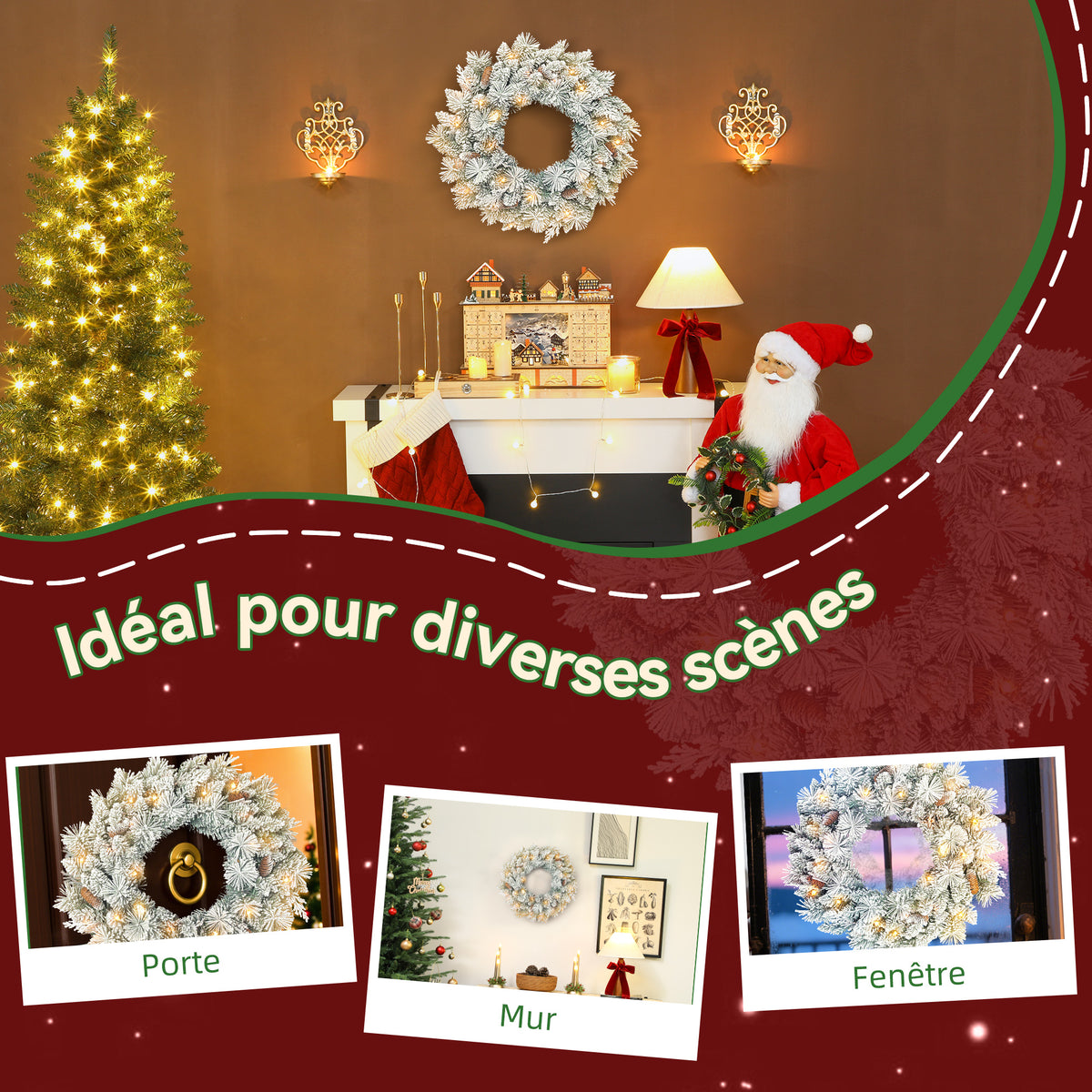 Couronne de Noël lumineuse 60 cm avec 35 LED blanc chaud, minuterie, 98 pointes, pommes de pin, vert et blanc-6