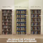 Rangements pour CD et DVD avec 8 compartiments et 6 étagères réglables, capacité max. 360 CD/185 DVD et Blu-ray, naturel-3