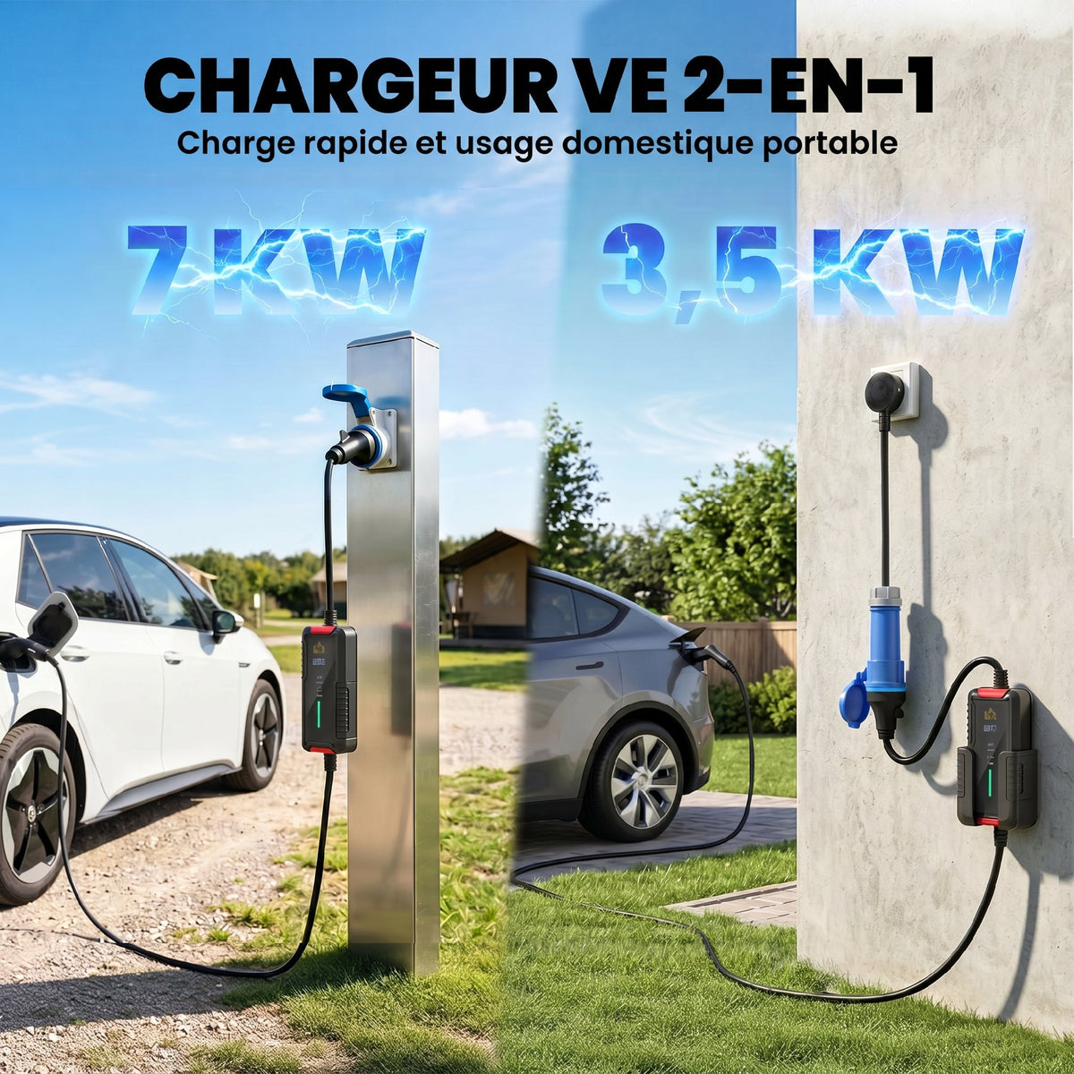 Chargeur Voiture Électrique Type 2, 7,4kW, 6-32A, 8m, Prise CEE, Adaptateur Européen, Écran LCD, IP65, 21x8,5x5cm, Noir-3