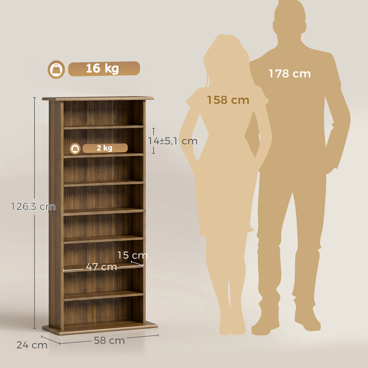 Rangements pour CD et DVD avec 8 compartiments et 6 étagères réglables, capacité max. 360 CD/185 DVD et Blu-ray, noyer-2