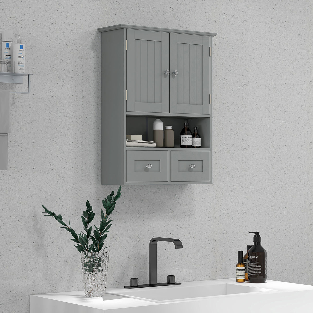 Armoire murale de salle de bain, armoire de toilette, avec portes, étagère, 2 tiroirs, 50,8l x 17,8P x 66H cm, gris-9