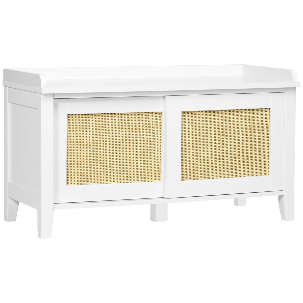Banc à chaussures meuble de rangement avec porte coulissante et façades rotin tissé 80 x 35 x 45 cm blanc-0
