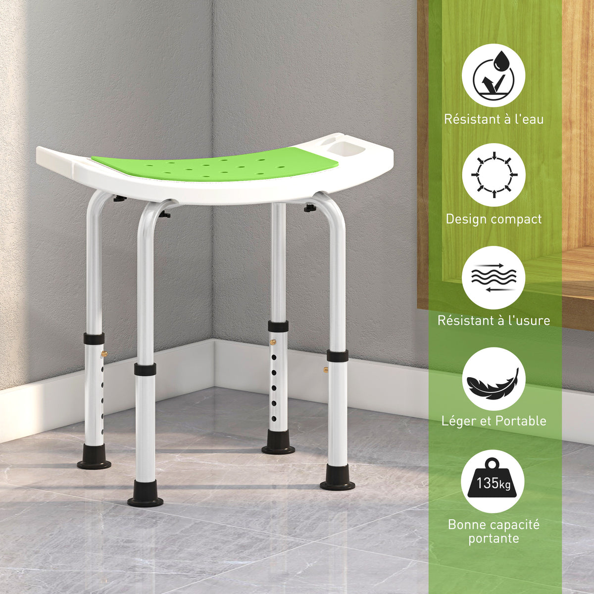 Siège de Douche réglable en Hauteur Tabouret de Douche Ergonomique Pieds antidérapants Charge Max. 135 Kg alu HDPE Vert-4