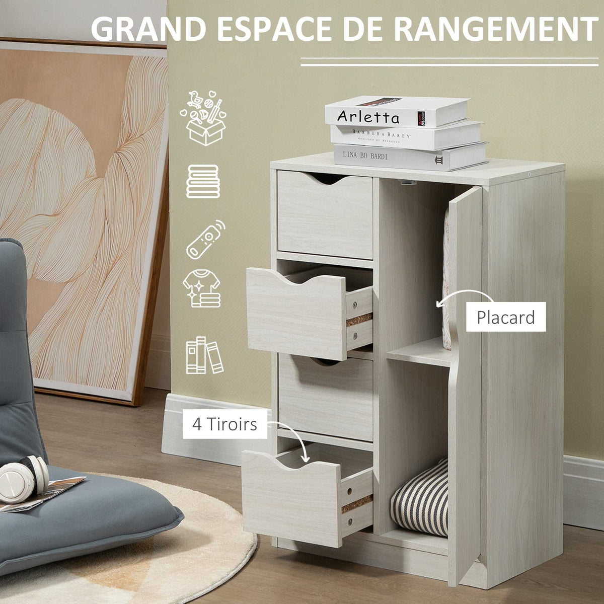 Meuble de rangement buffet commode moderne 1 placard et 4 tiroirs - en bois - pour salon, cuisine, entrée, salle à manger - blanc-4