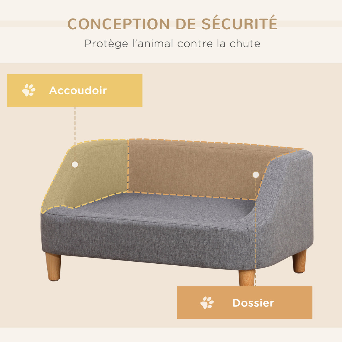 Canapé pour chien lit pour chien animal domestique style scandinave pieds en bois revêtement tissu déhoussable 75 x 55 x 39 cm - gris-3