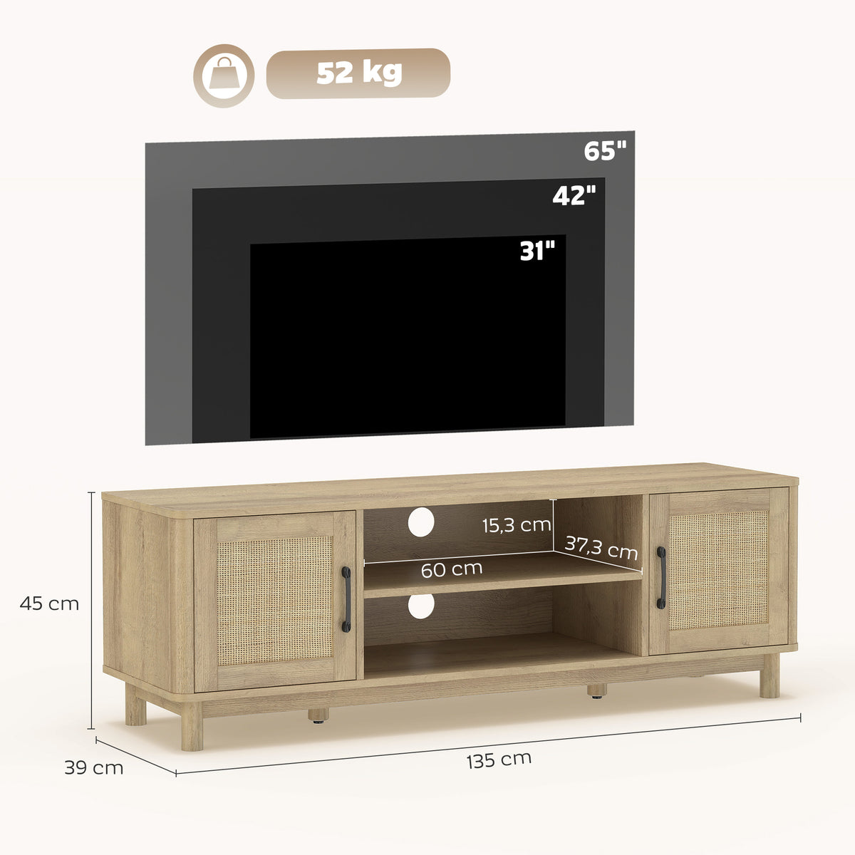 Meuble TV 135 cm, meuble télé pour téléviseur jusqu'à 65 pouces avec 2 portes en rotin, 2 compartiments ouverts, chêne-2