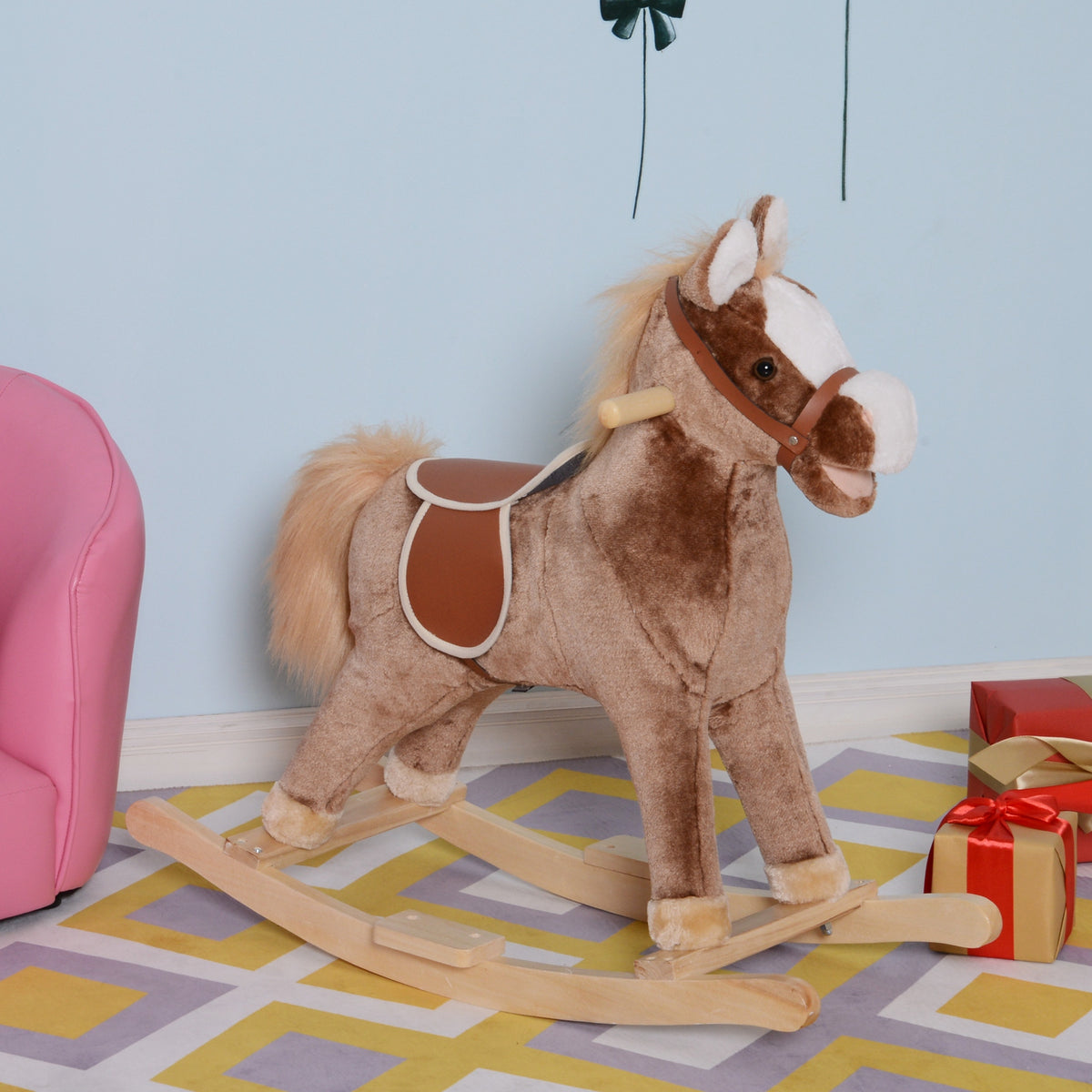 Cheval à Bascule Cheval de Cowboy Selle Grand Confort pour Enfants de 36+Mois Peluche Courte Douce Bois peuplier Charge 40 Kg Brun Blanc-9