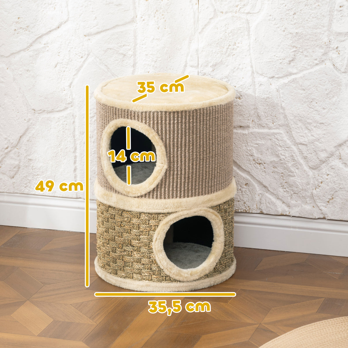 Tonneau à gratter pour chat arbre à chat sisal naturel et herbiers marins recouvert de peluche 35,5x35,5x49cm kaki café-2