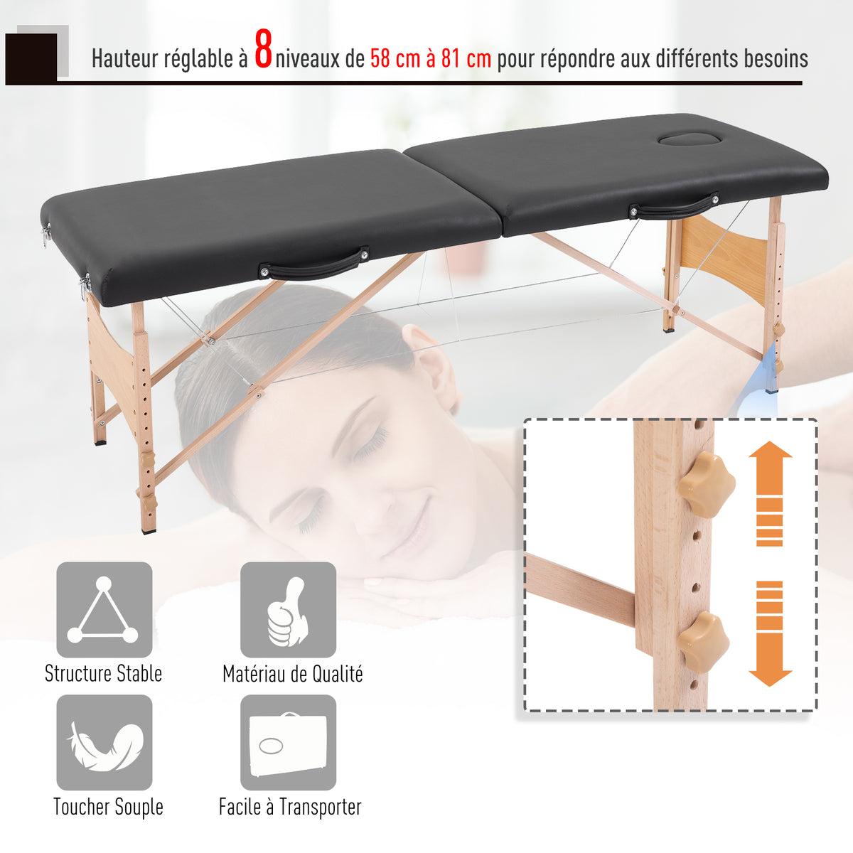 Table de massage pliante, lit de massage 2 zones 186 x 60 cm portable, hauteur réglable noir-3